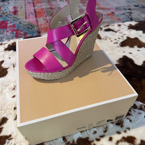 Michael Kors Shoes - Michael Kors Pink Leather Espadrille Wedge Sandals